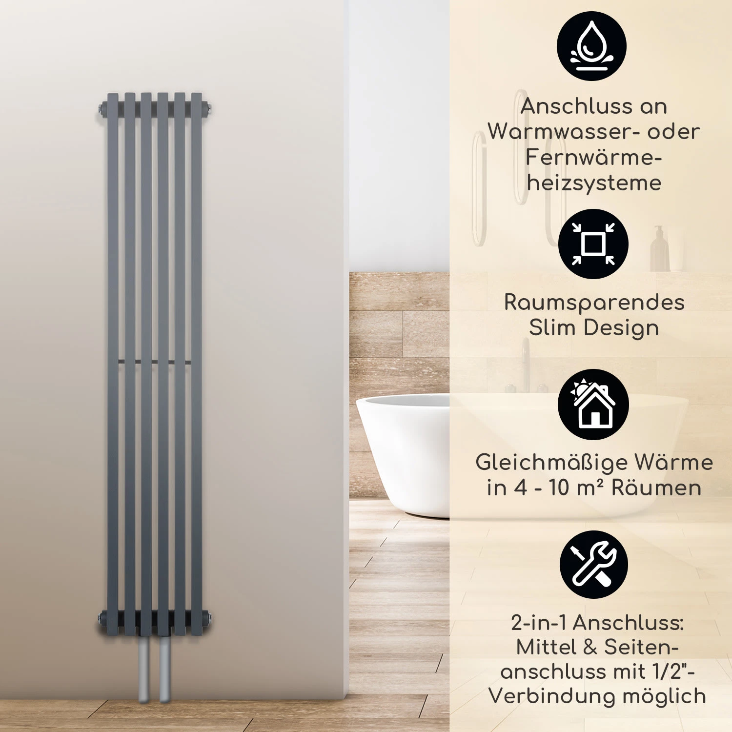 Delgado 120 X 25 Heizkörper 508W Warmwasser 1/2" 4-10m² Grau 3 Delgado 120 X 25 Heizkörper 508W Warmwasser 1/2" 4-10m² Grau – Bild 2