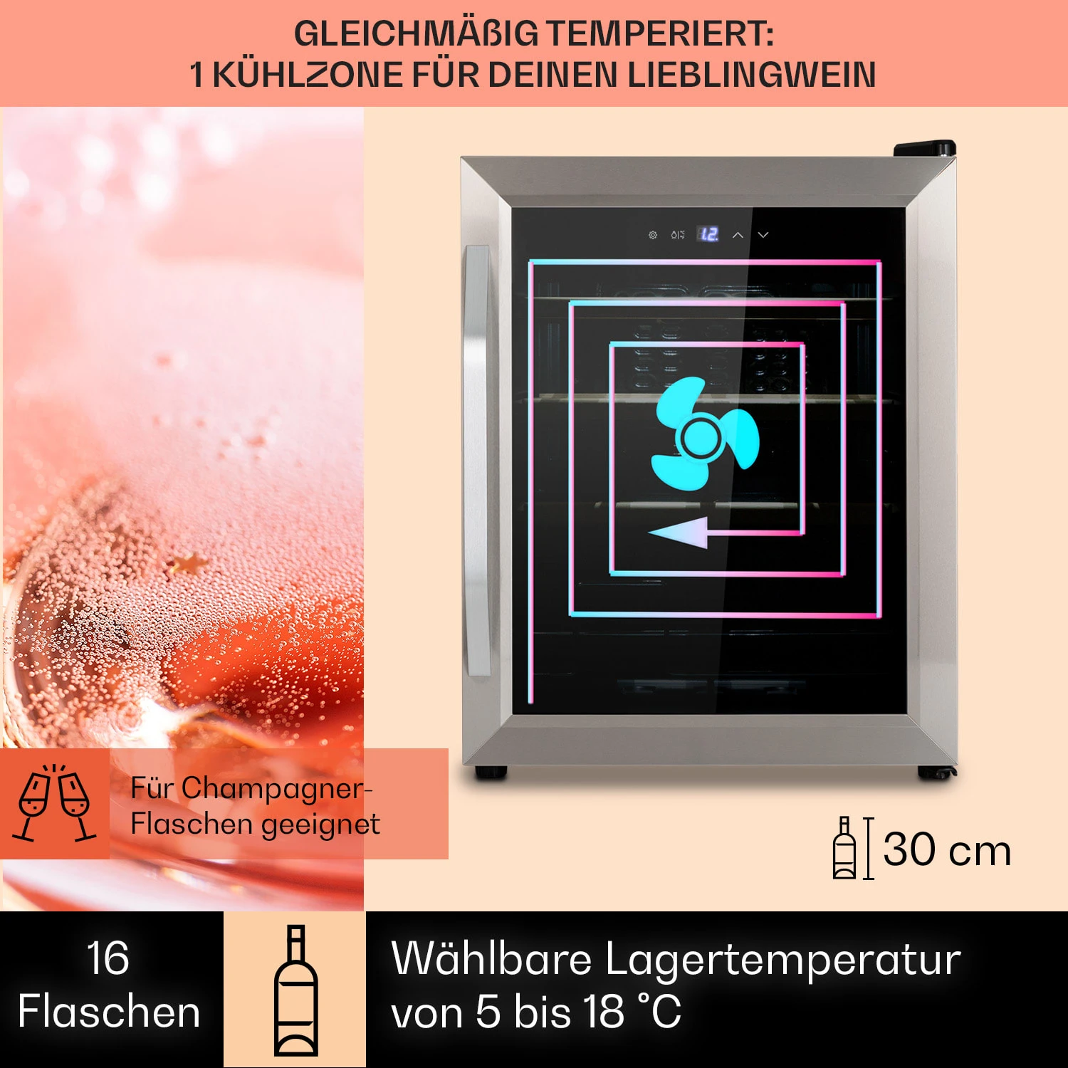 Vinamour 16 Uno Weinkühlschrank 16Fl./42l 5-18°C 41dB Glas 5 Vinamour 16 Uno Weinkühlschrank 16Fl./42l 5-18°C 41dB Glas – Bild 3