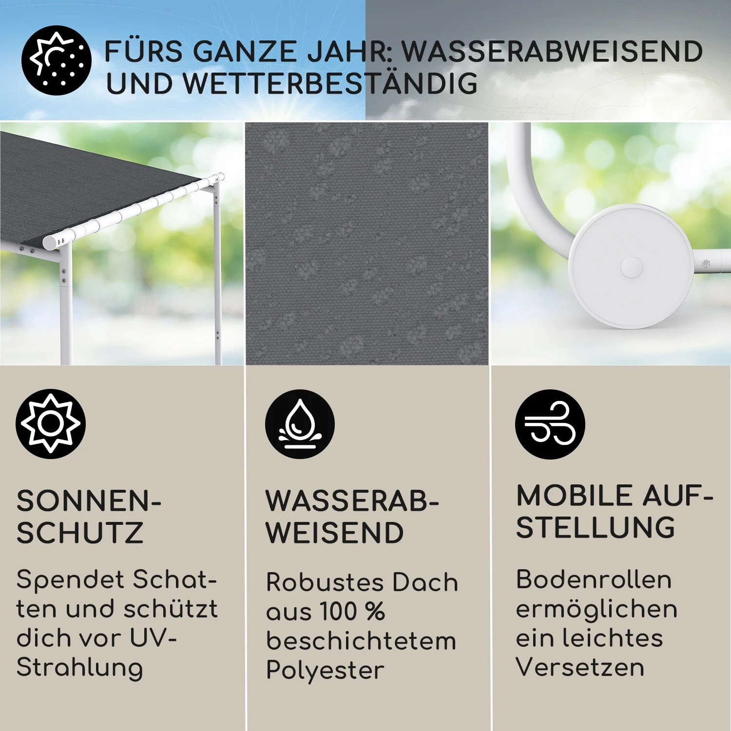 Nantes Pavillon Gazebo Sonnendach 3x3m Polyester Stahlrahmen UV50+ Bodenrollen 4 Nantes Pavillon Gazebo Sonnendach 3x3m Polyester Stahlrahmen UV50+ Bodenrollen – Bild 2