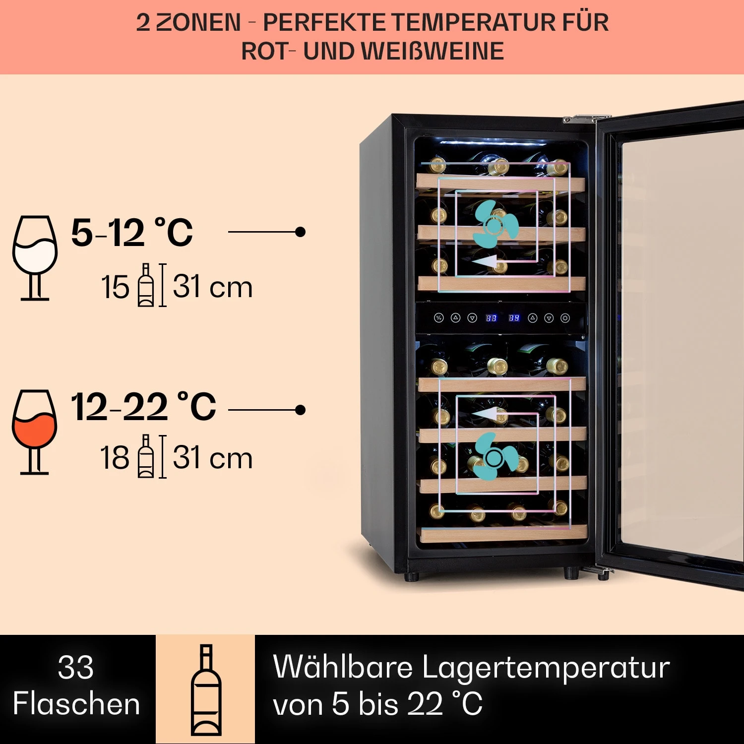 Vinamour 33 Duo Weinkühlschrank 2 Zonen 89 L / 33 Flaschen 5-18°C Touch 5 Vinamour 33 Duo Weinkühlschrank 2 Zonen 89 L / 33 Flaschen 5-18°C Touch – Bild 3